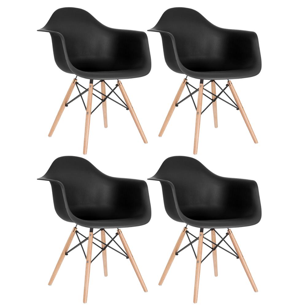 Kit 4 cadeiras Charles Eames Eiffel DAW com braços e pés de madeira clara Preto