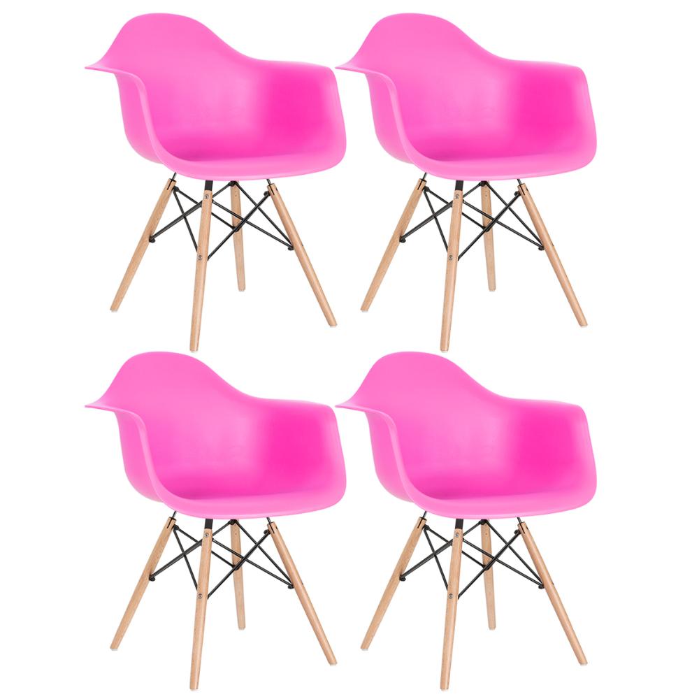 Kit 4 cadeiras Charles Eames Eiffel DAW com braços e pés de madeira clara Rosa-pink