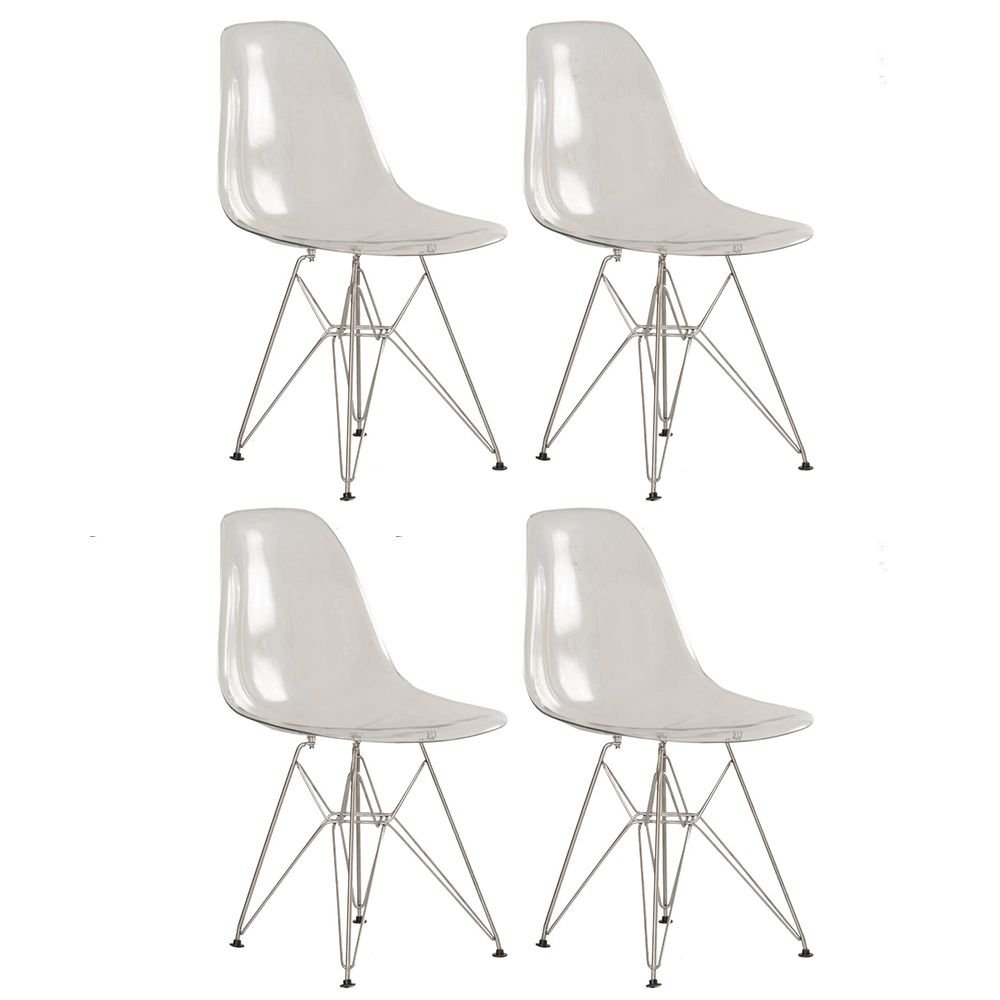 Kit 4 cadeiras acrílicas Charles Eames Eiffel DKR com base de metal cromado Incolor