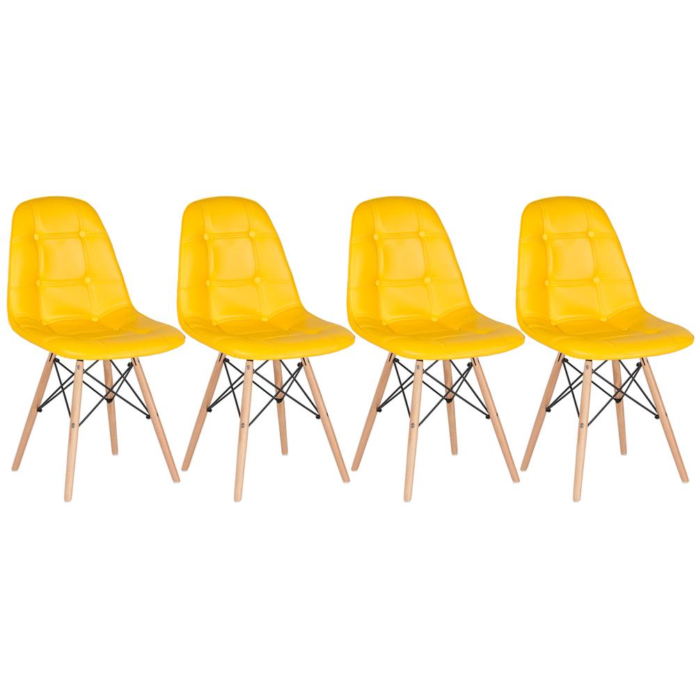 Kit 4 cadeiras estofadas Charles Eames Eiffel Botonê com pés de madeira clara Amarelo