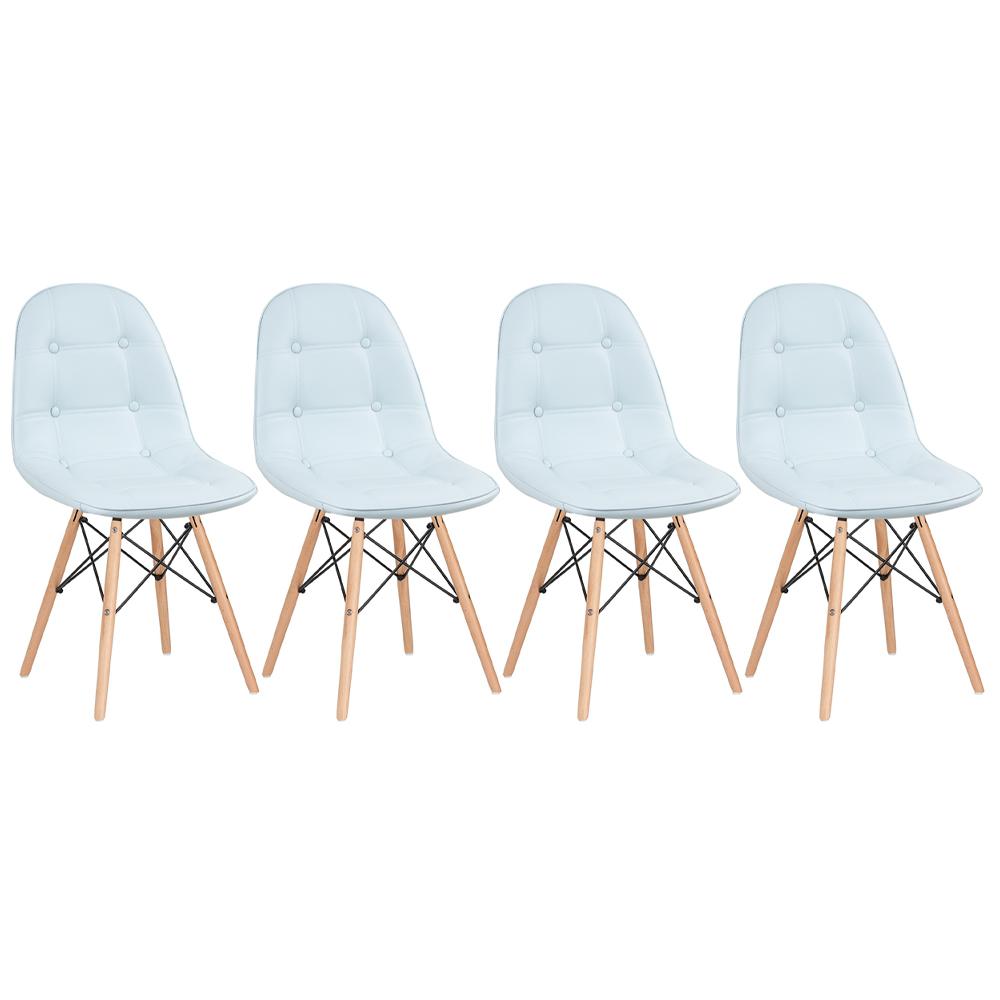 Kit 4 cadeiras estofadas Charles Eames Eiffel Botonê com pés de madeira clara Azul claro