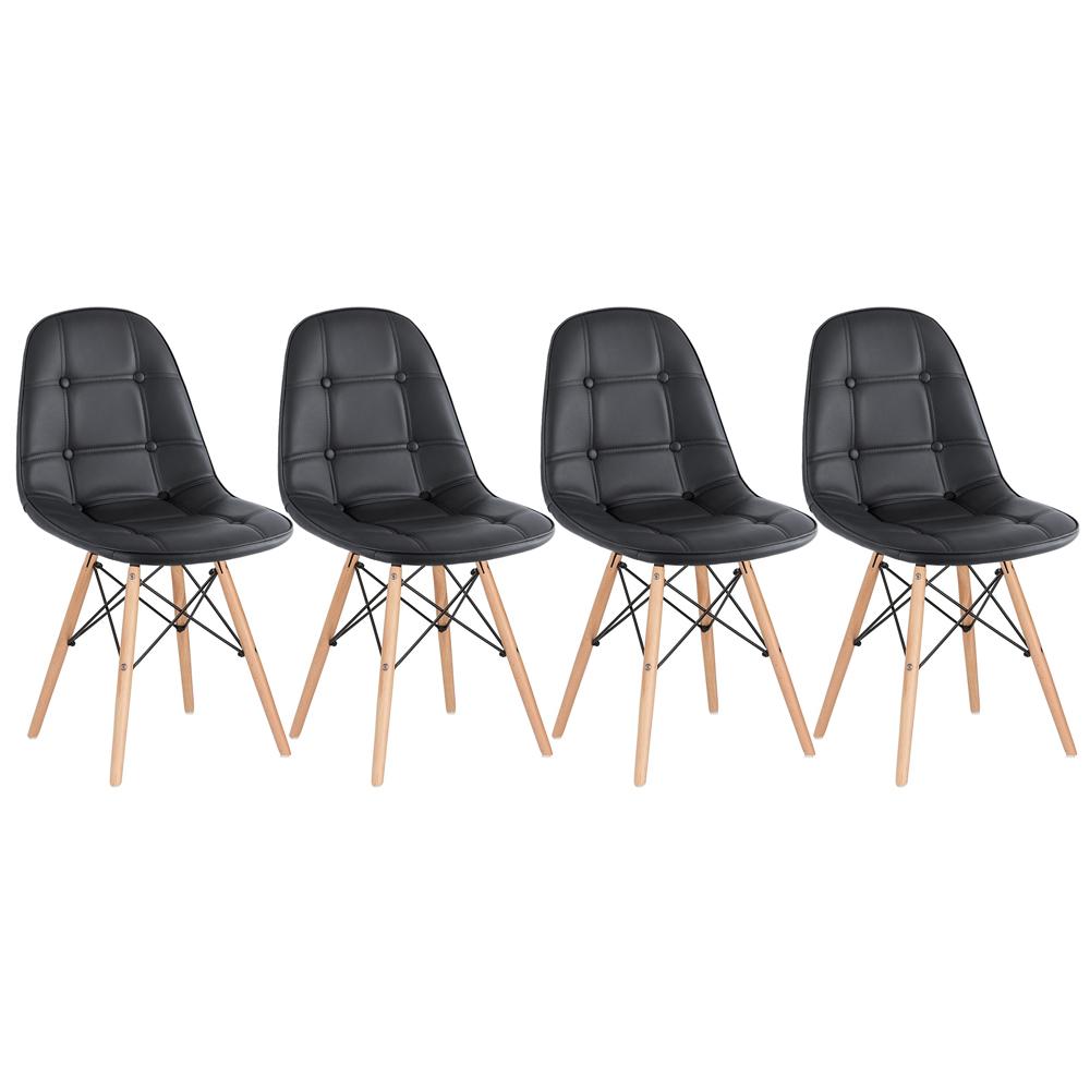 Kit 4 cadeiras estofadas Charles Eames Eiffel Botonê com pés de madeira clara Preto