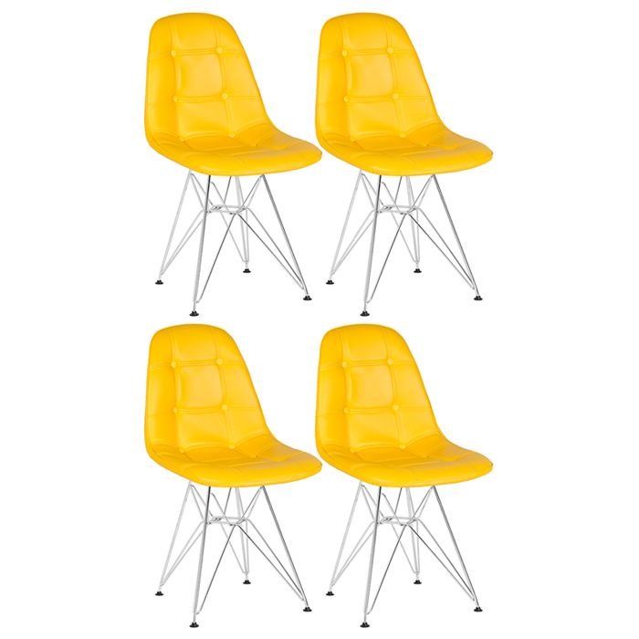 Kit 4 cadeiras estofadas Charles Eames Eiffel Botonê com pés de metal cromado Amarelo