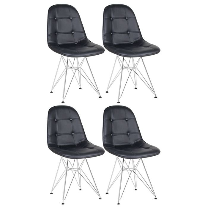Kit 4 cadeiras estofadas Charles Eames Eiffel Botonê com pés de metal cromado Preto
