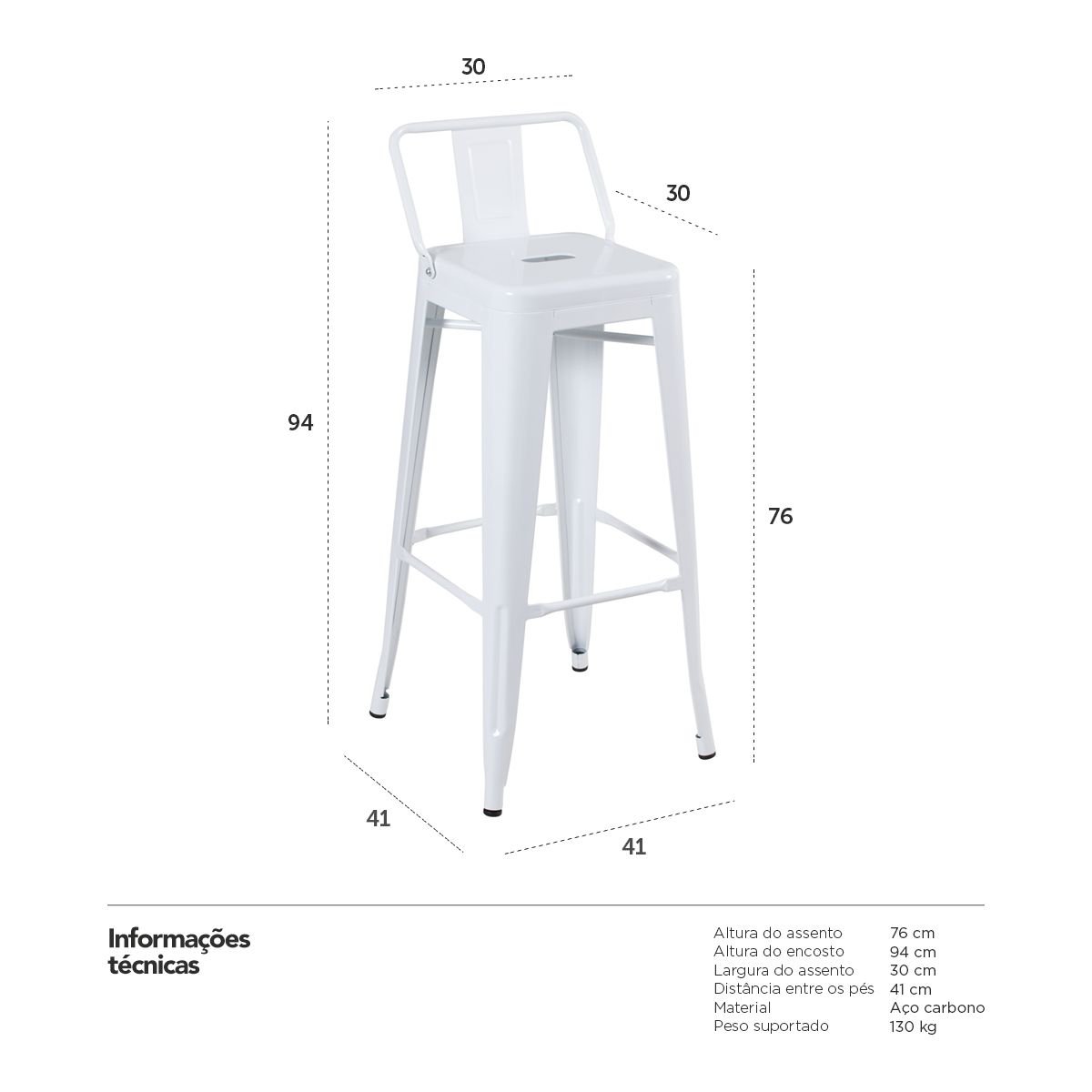 Kit 5 banquetas altas Iron Tolix com encosto 76 cm Branco