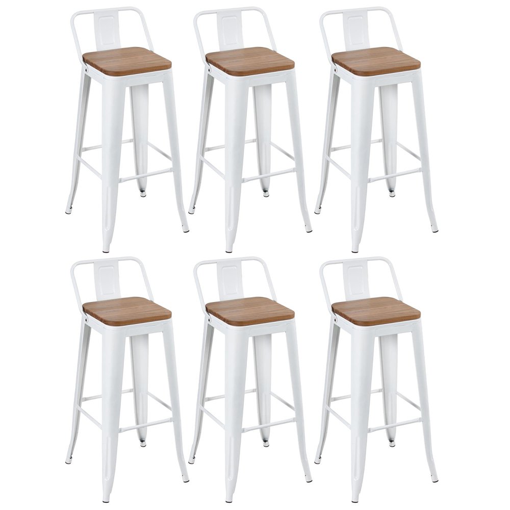 Kit 6 banquetas altas Iron Tolix com encosto e assento madeira 76 cm industrial bancada bar cozinha Branco