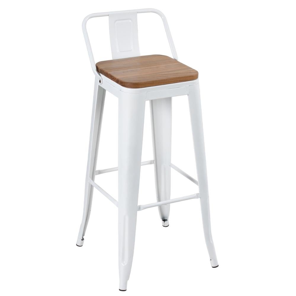 Kit 6 banquetas altas Iron Tolix com encosto e assento madeira 76 cm industrial bancada bar cozinha Branco