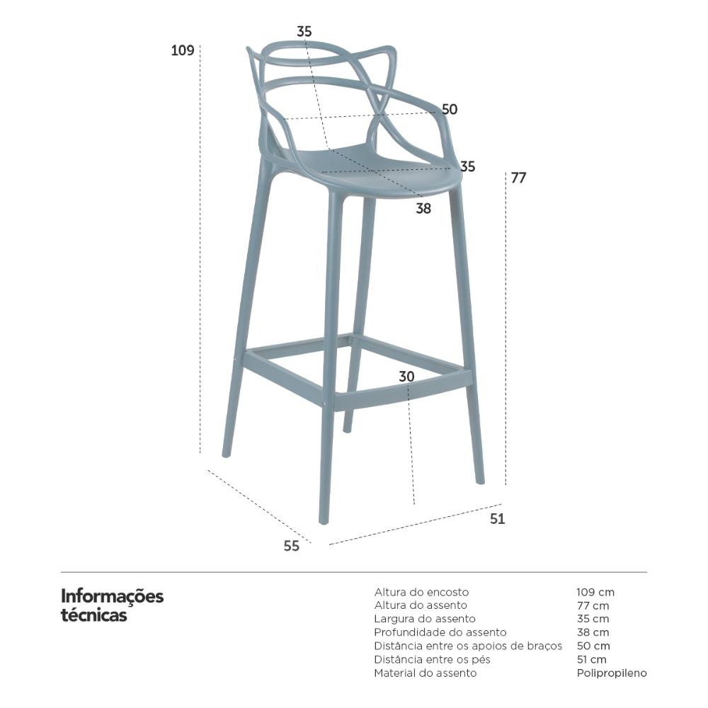 Kit 6 banquetas altas Masters Allegra 76 cm Azul petróleo