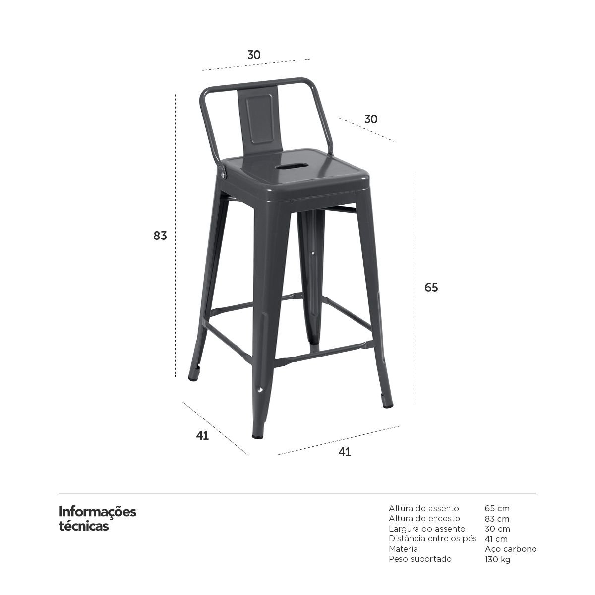 Kit 6 banquetas médias Iron Tolix com encosto 66 cm Cinza Escuro