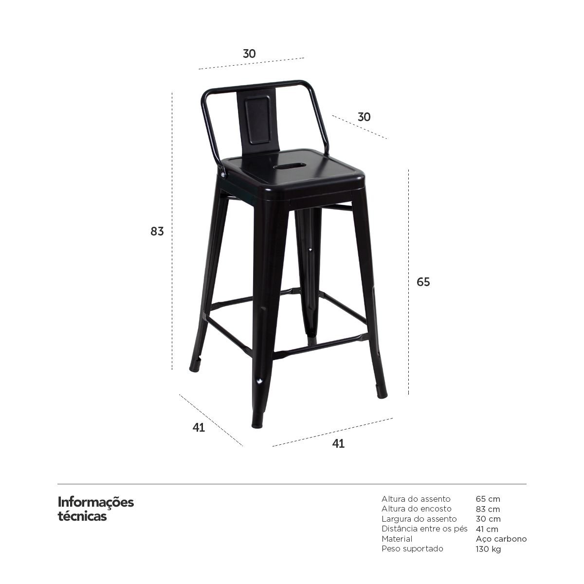 Kit 6 banquetas médias Iron Tolix com encosto 66 cm Preto