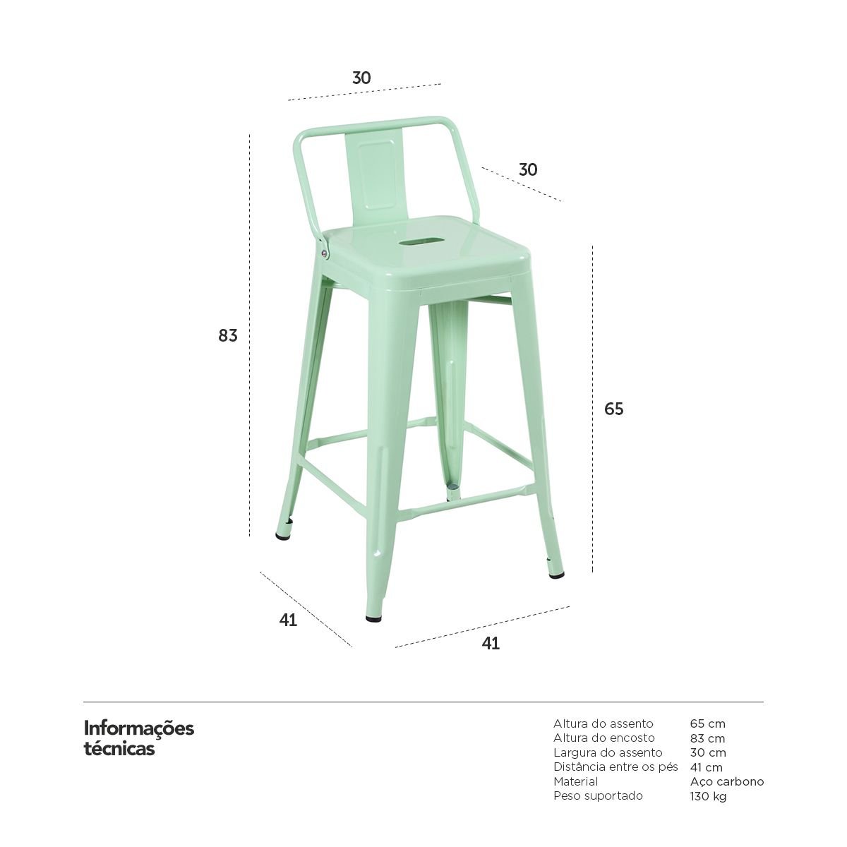 Kit 6 banquetas médias Iron Tolix com encosto 66 cm Verde Claro