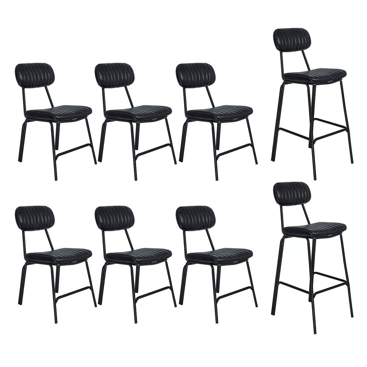 Kit 6 cadeiras + 2 banquetas estofadas industrial Loft Vintage Boston Preto