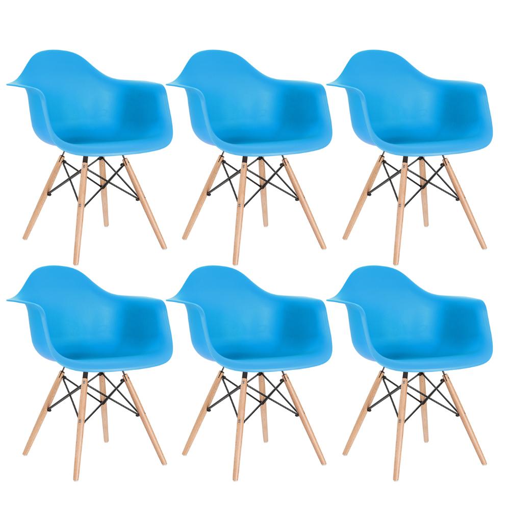 Kit 6 cadeiras Charles Eames Eiffel DAW com braços e pés de madeira clara Azul-céu