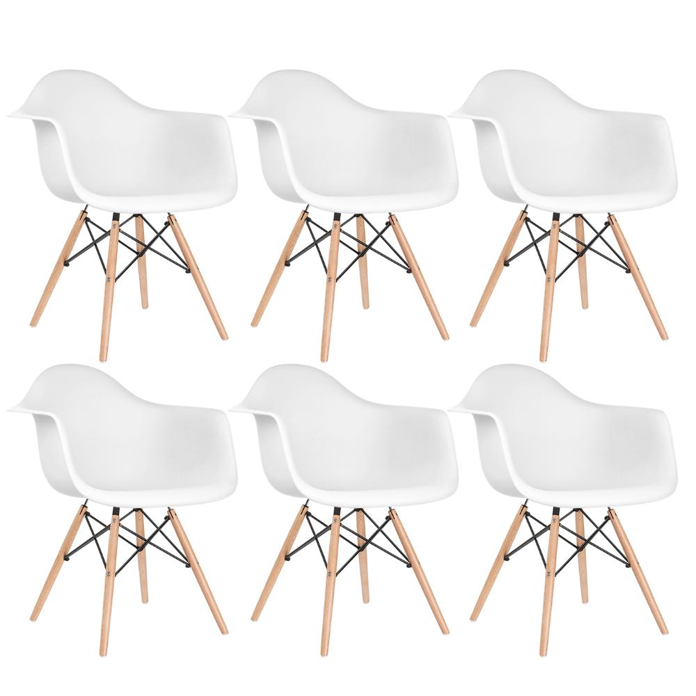 Kit 6 cadeiras Charles Eames Eiffel DAW com braços e pés de madeira clara Branco