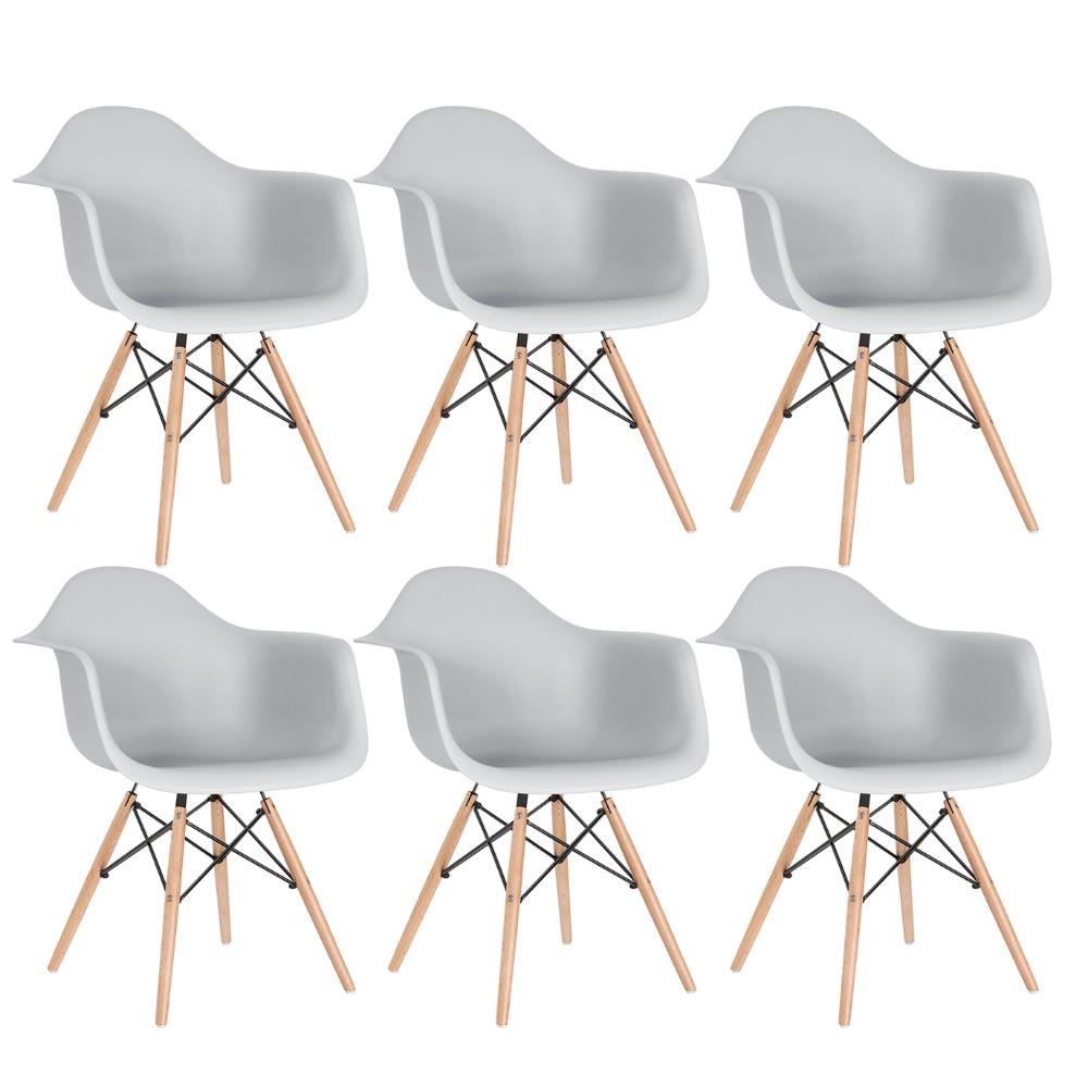 Kit 6 cadeiras Charles Eames Eiffel DAW com braços e pés de madeira clara Cinza-claro