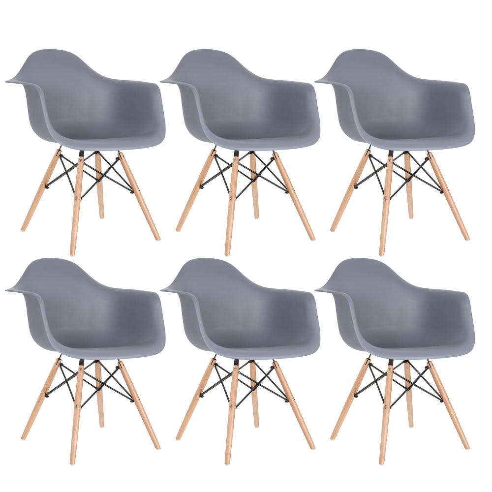 Kit 6 cadeiras Charles Eames Eiffel DAW com braços e pés de madeira clara Cinza-escuro