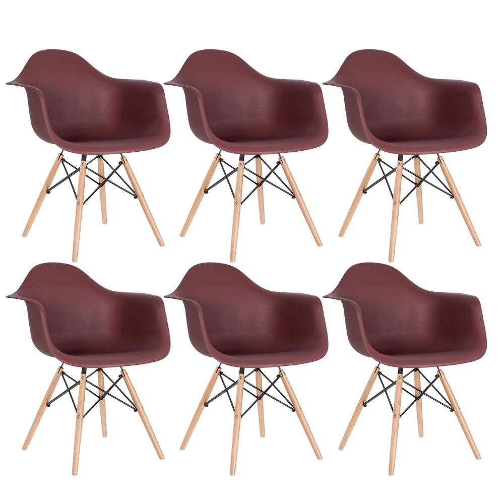 Kit 6 cadeiras Charles Eames Eiffel DAW com braços e pés de madeira clara Marrom