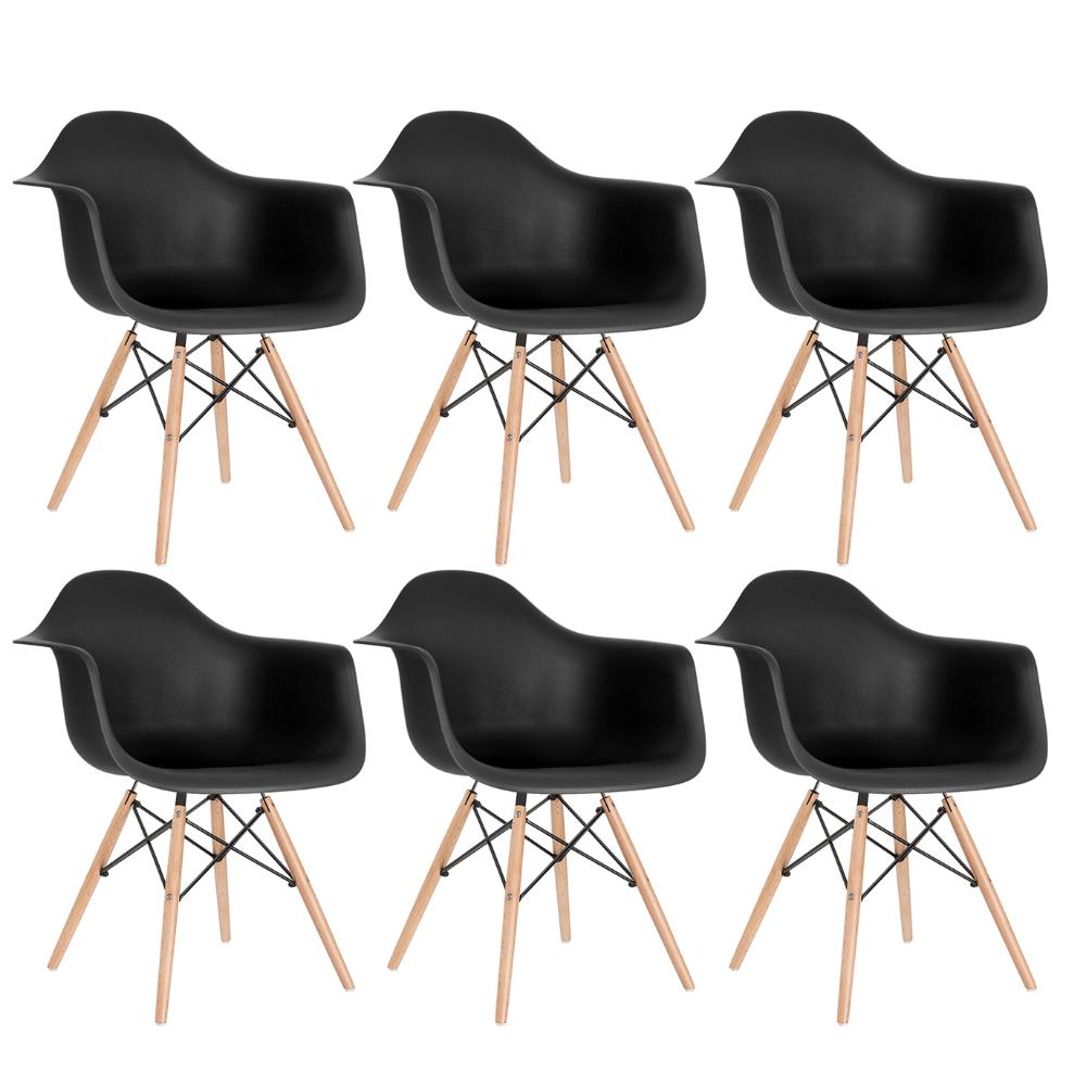 Kit 6 cadeiras Charles Eames Eiffel DAW com braços e pés de madeira clara Preto