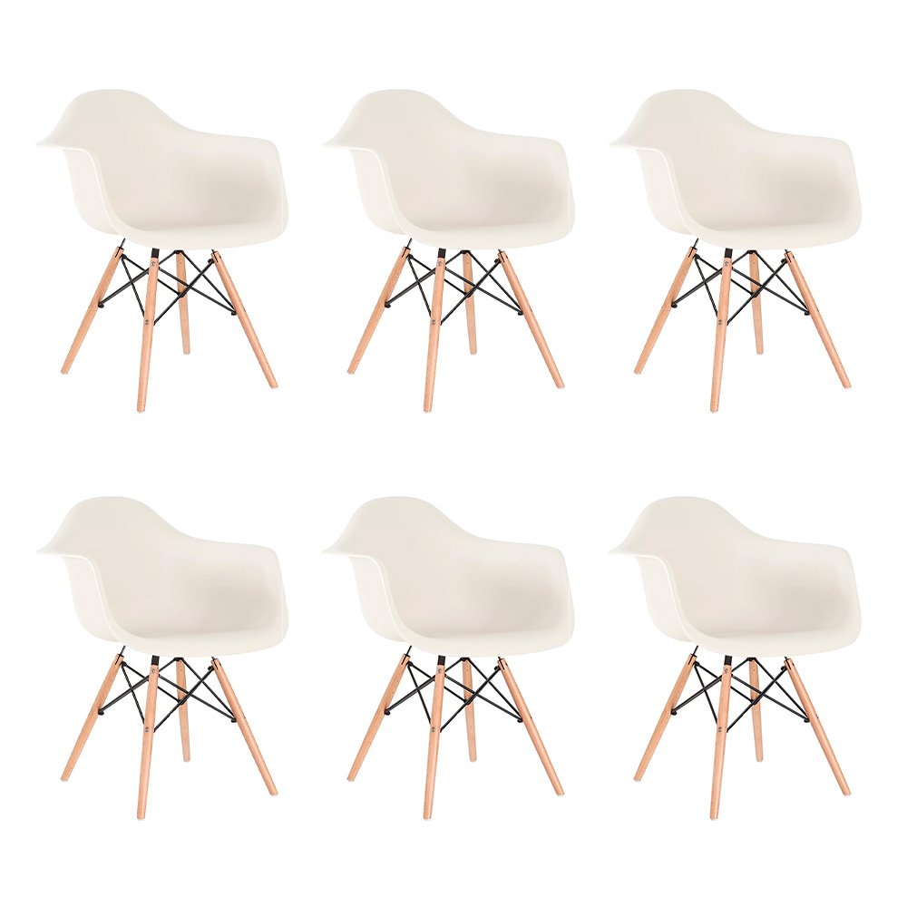 Kit 6 cadeiras Charles Eames Eiffel DAW com pés de madeira clara Creme