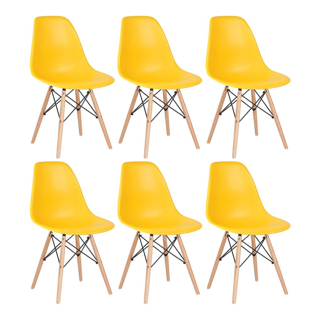 Kit 6 cadeiras Charles Eames Eiffel DSW com pés de madeira clara Amarelo
