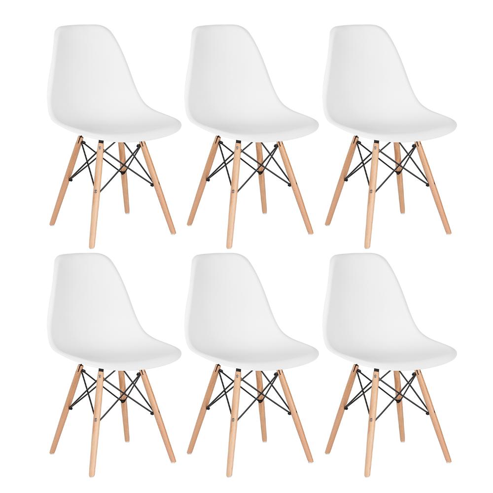Kit 6 cadeiras Charles Eames Eiffel DSW com pés de madeira clara Branco