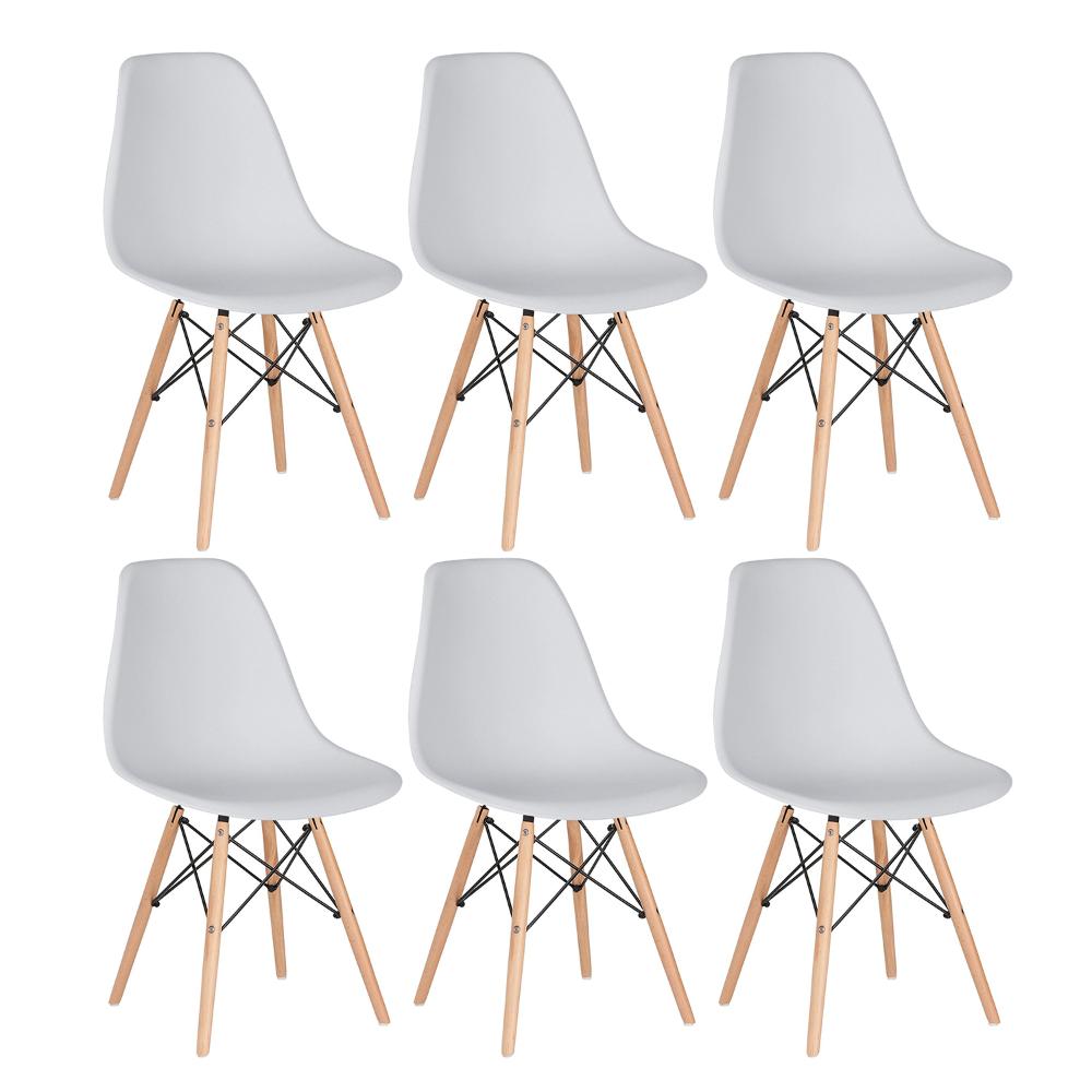 Kit 6 cadeiras Charles Eames Eiffel DSW com pés de madeira clara Cinza claro