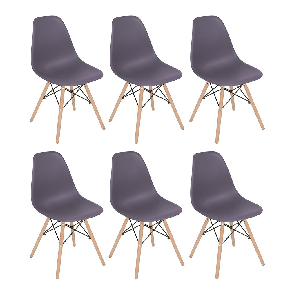 Kit 6 cadeiras Charles Eames Eiffel DSW com pés de madeira clara Cinza névoa