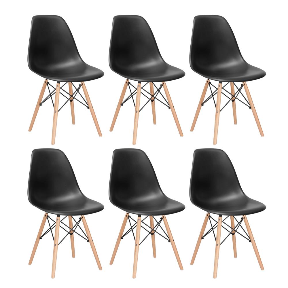 Kit 6 cadeiras Charles Eames Eiffel DSW com pés de madeira clara Preto
