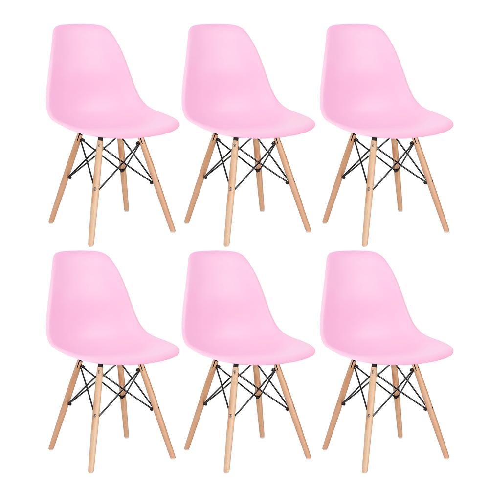Kit 6 cadeiras Charles Eames Eiffel DSW com pés de madeira clara Rosa claro