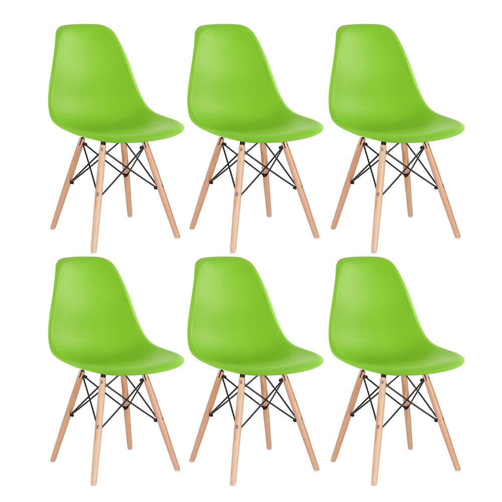 Kit 6 cadeiras Charles Eames Eiffel DSW com pés de madeira clara Verde claro