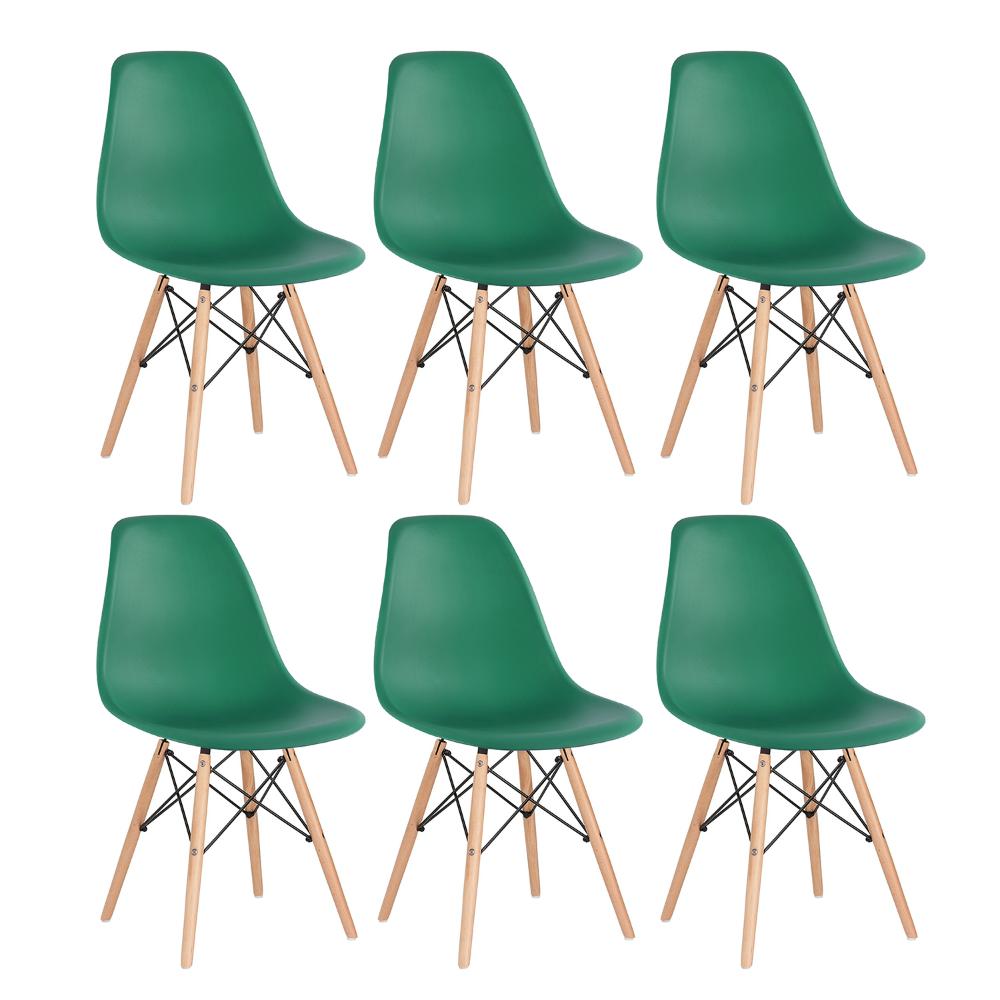 Kit 6 cadeiras Charles Eames Eiffel DSW com pés de madeira clara Verde escuro