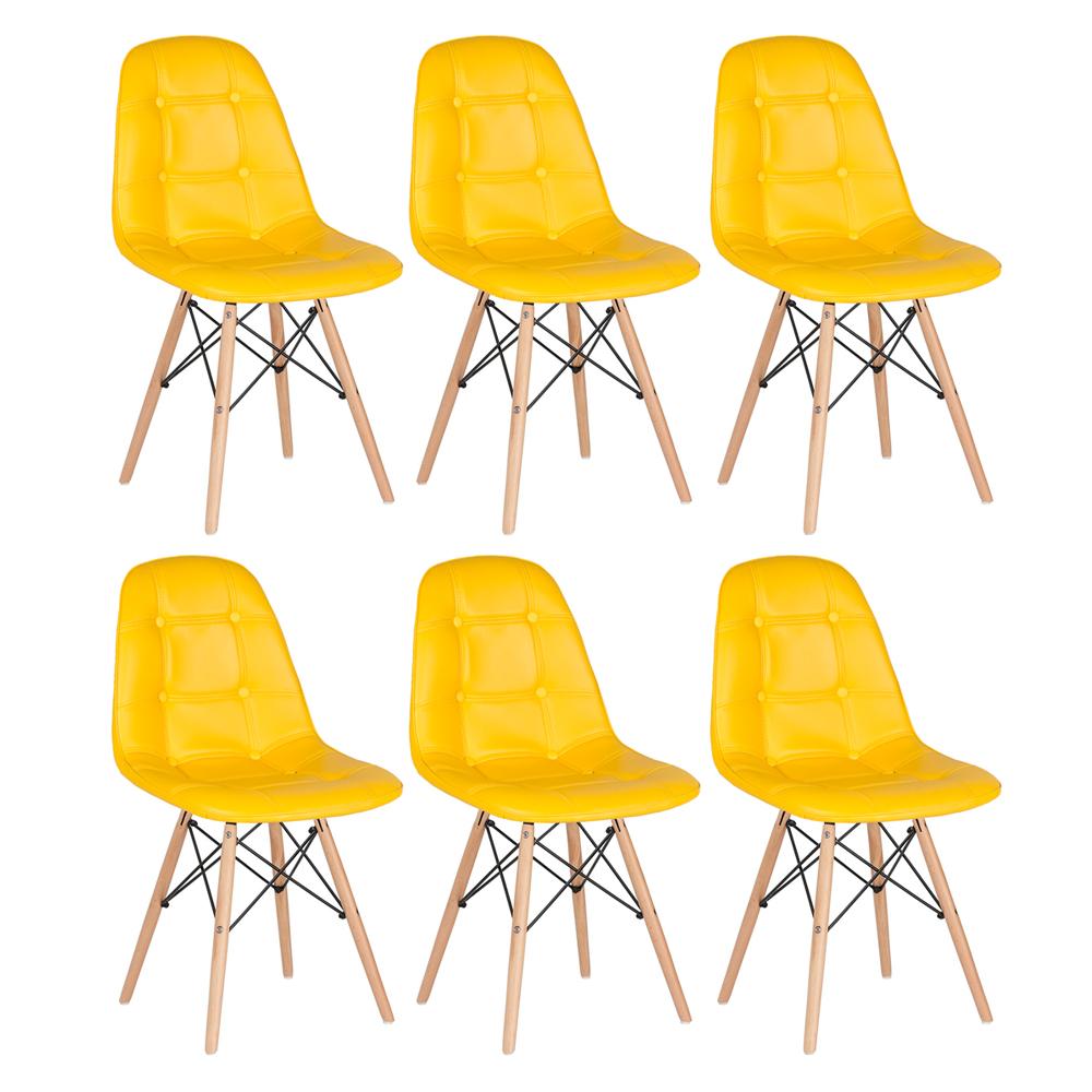 Kit 6 cadeiras estofadas Charles Eames Eiffel Botonê com pés de madeira clara Amarelo