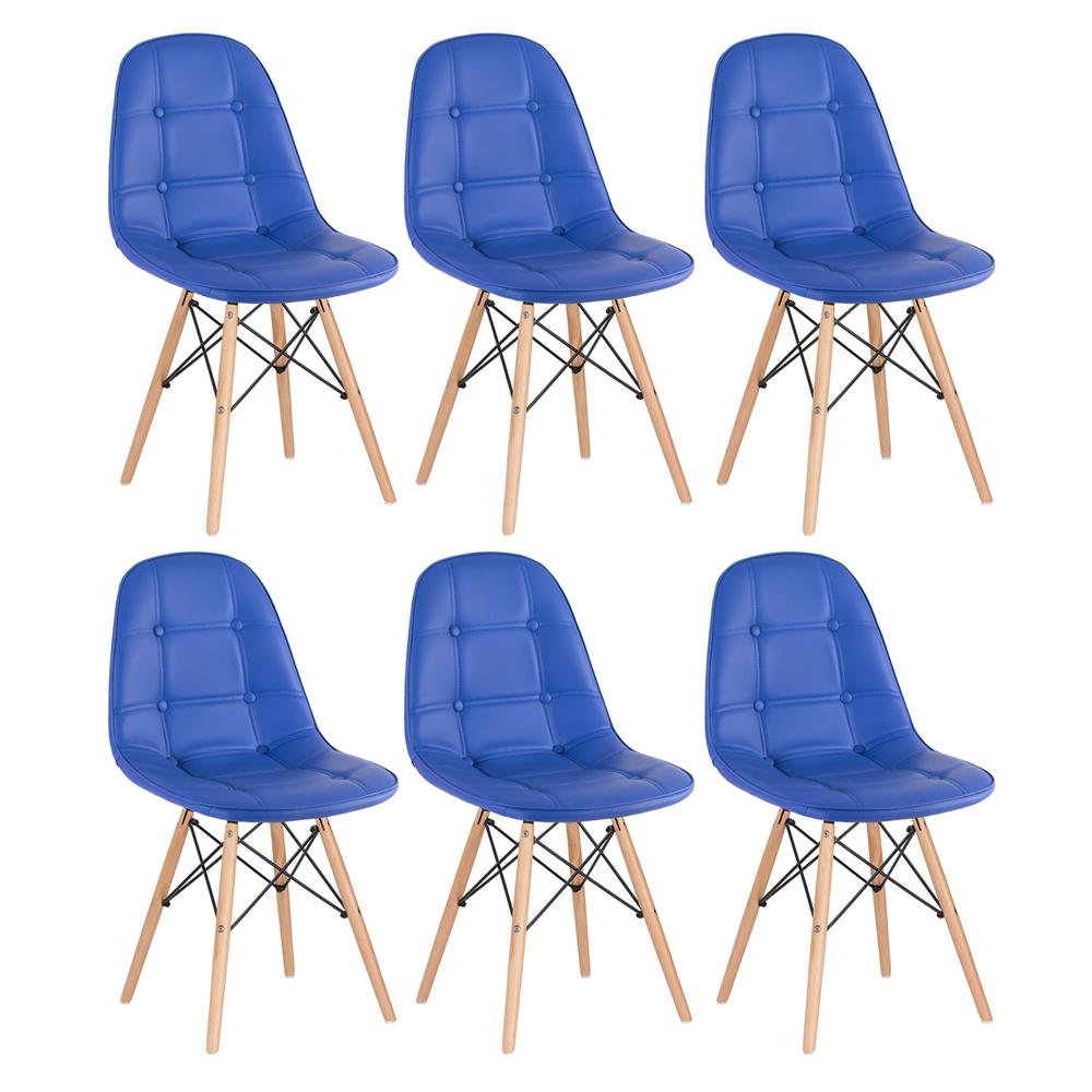 Kit 6 cadeiras estofadas Charles Eames Eiffel Botonê com pés de madeira clara Azul