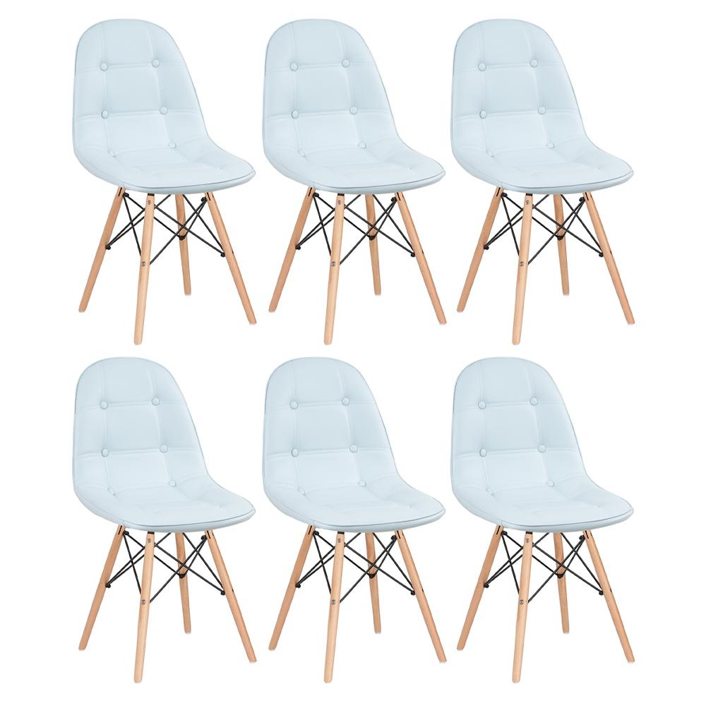 Kit 6 cadeiras estofadas Charles Eames Eiffel Botonê com pés de madeira clara Azul claro