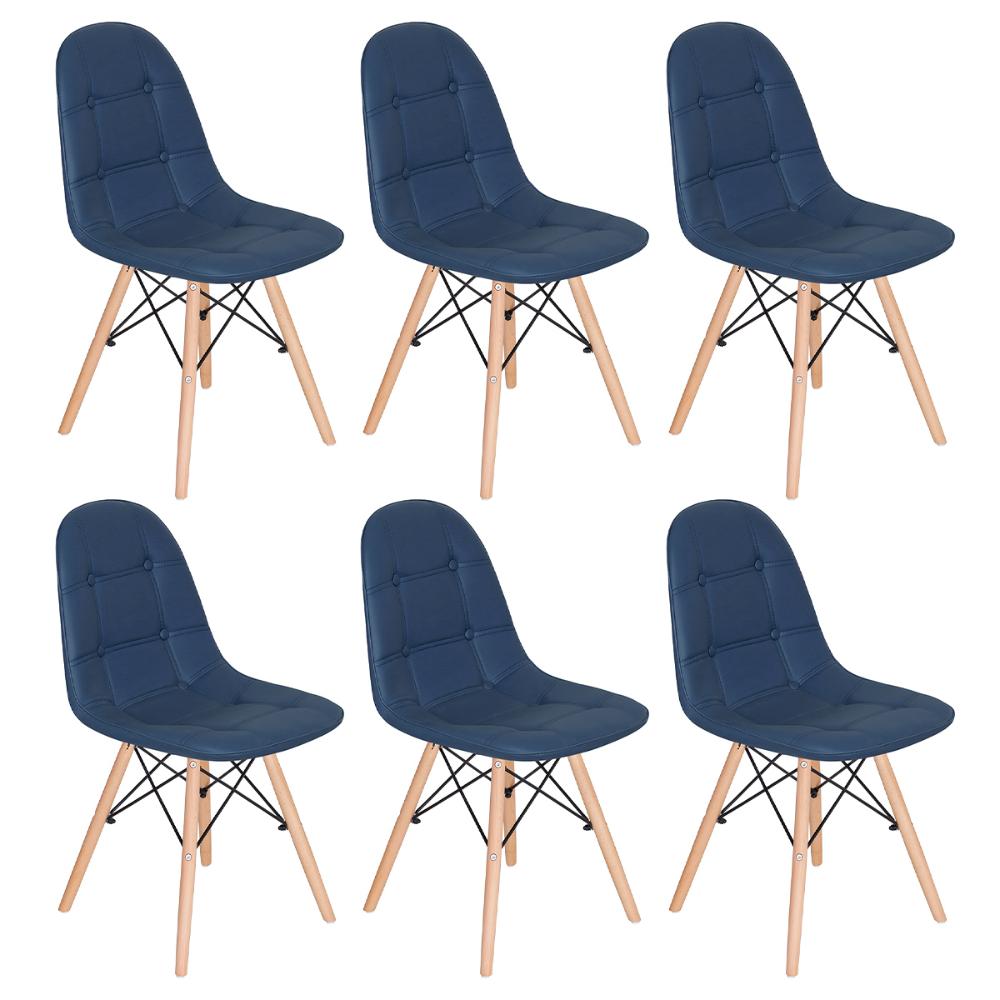 Kit 6 cadeiras estofadas Charles Eames Eiffel Botonê com pés de madeira clara Azul claro