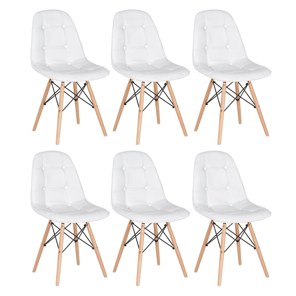 Kit 6 cadeiras estofadas Charles Eames Eiffel Botonê com pés de madeira clara Branco