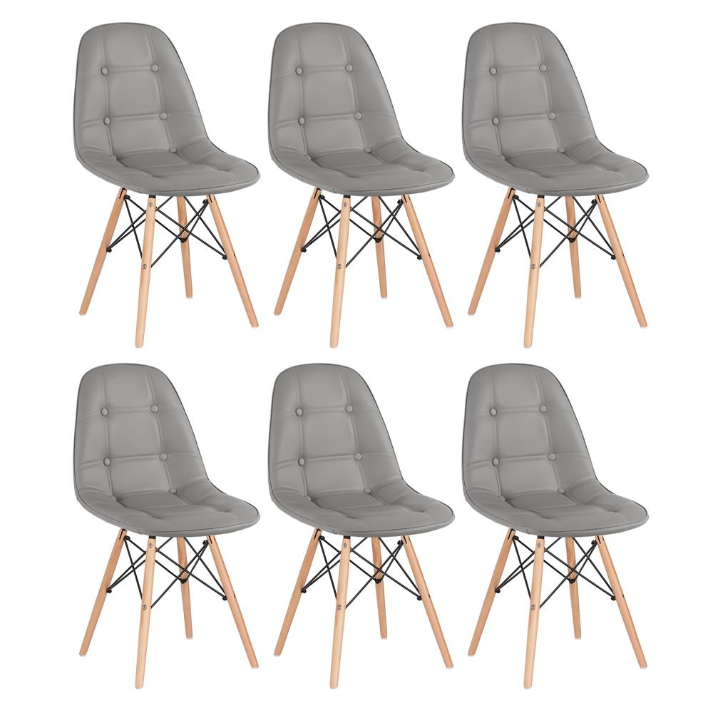 Kit 6 cadeiras estofadas Charles Eames Eiffel Botonê com pés de madeira clara Cinza