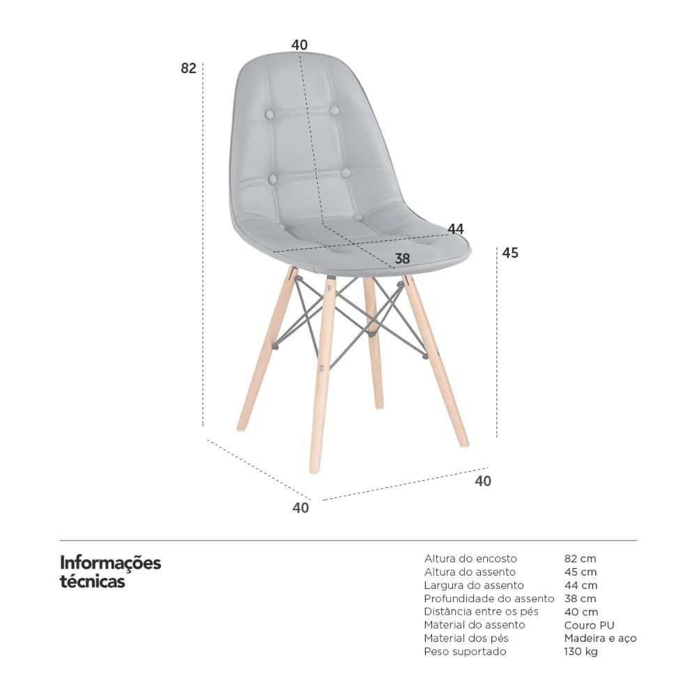 Kit 6 cadeiras estofadas Charles Eames Eiffel Botonê com pés de madeira clara Cinza