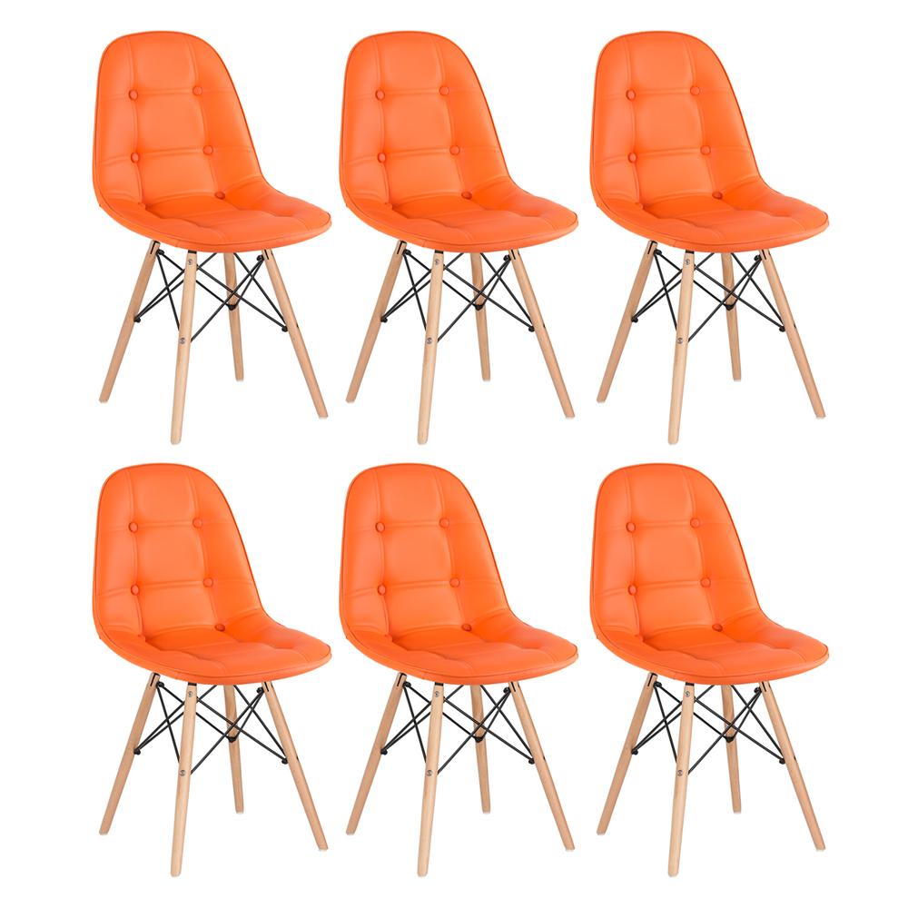 Kit 6 cadeiras estofadas Charles Eames Eiffel Botonê com pés de madeira clara Laranja