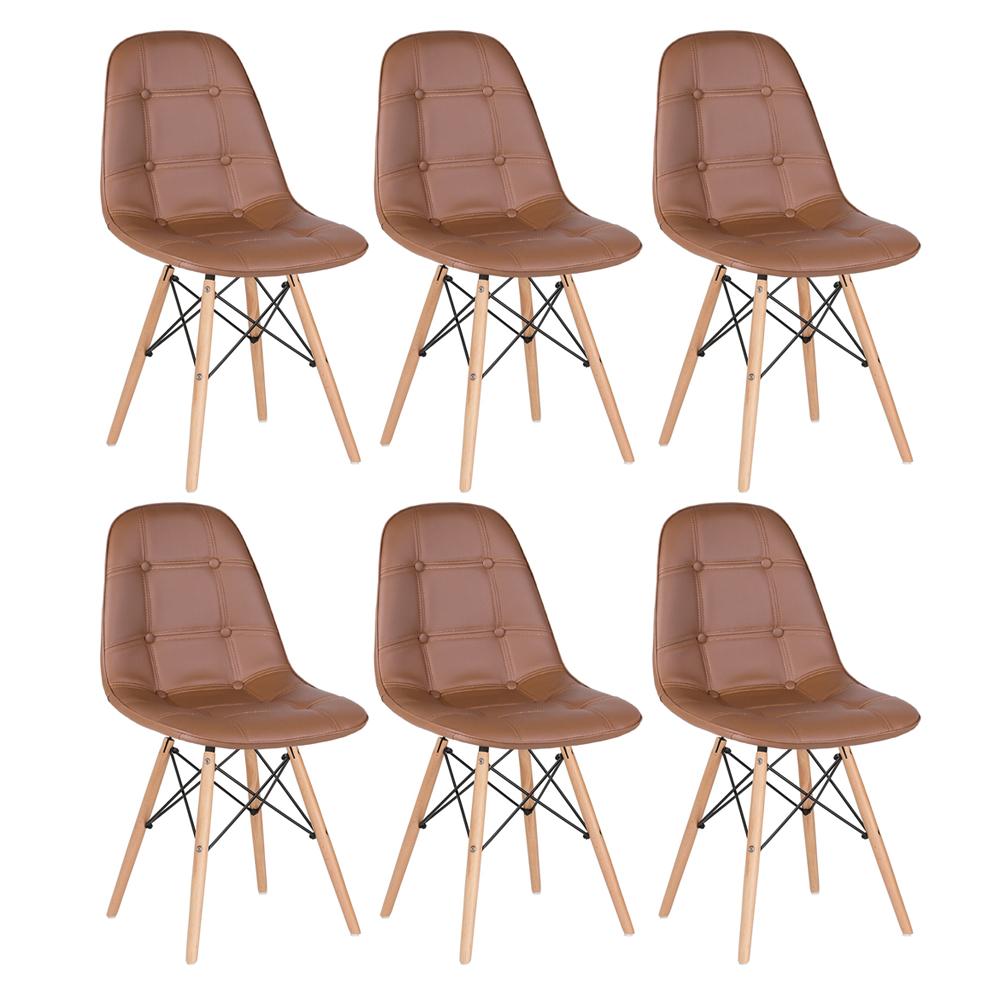 Kit 6 cadeiras estofadas Charles Eames Eiffel Botonê com pés de madeira clara Marrom