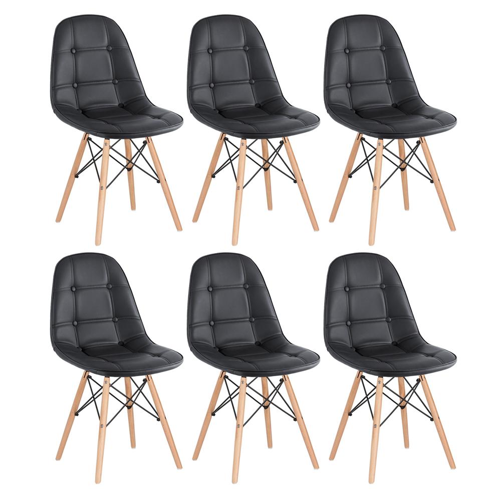 Kit 6 cadeiras estofadas Charles Eames Eiffel Botonê com pés de madeira clara Preto