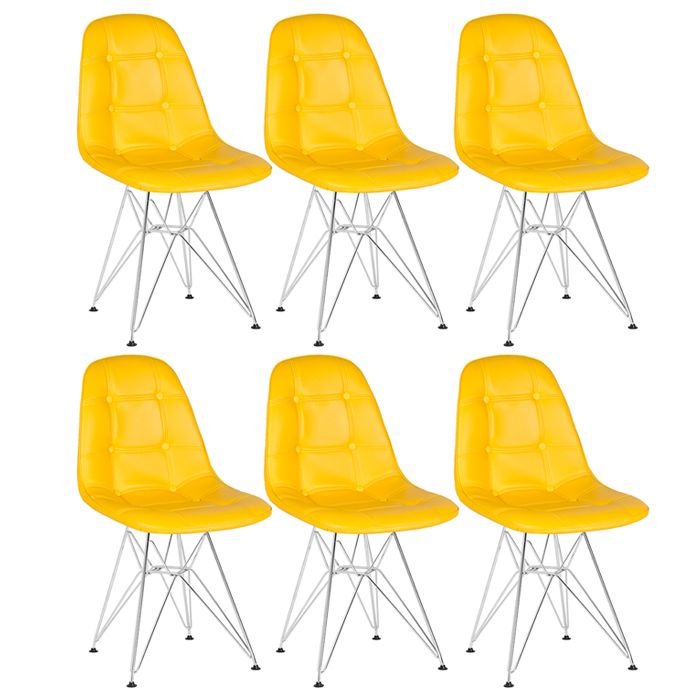 Kit 6 cadeiras estofadas Charles Eames Eiffel Botonê com pés de metal cromado Amarelo