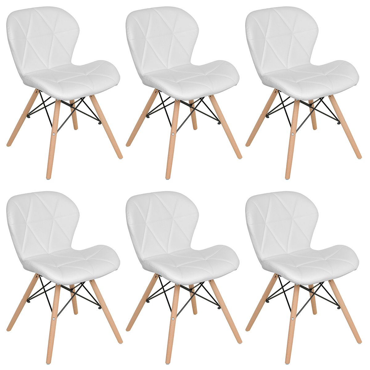 Kit 6 cadeiras estofadas Charles Eames Eiffel Slim Wood confort Branco