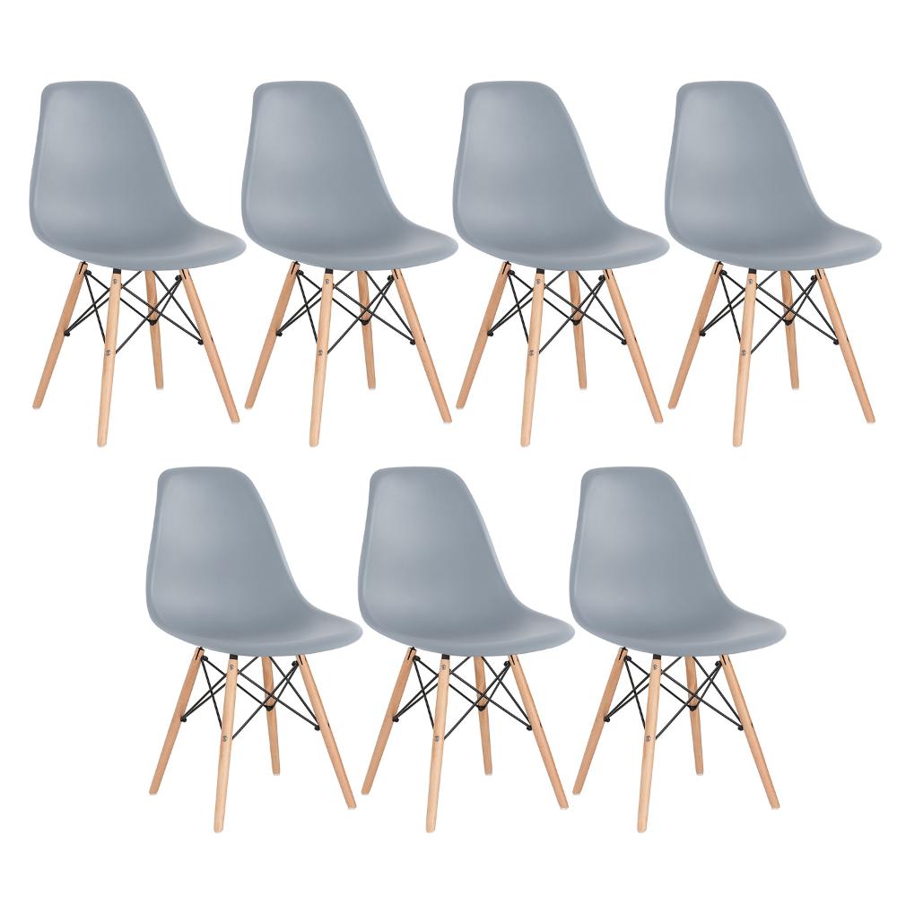 Kit 7 cadeiras Charles Eames Eiffel DSW com pés de madeira clara Cinza médio - Assento nacional - DESATIVADO