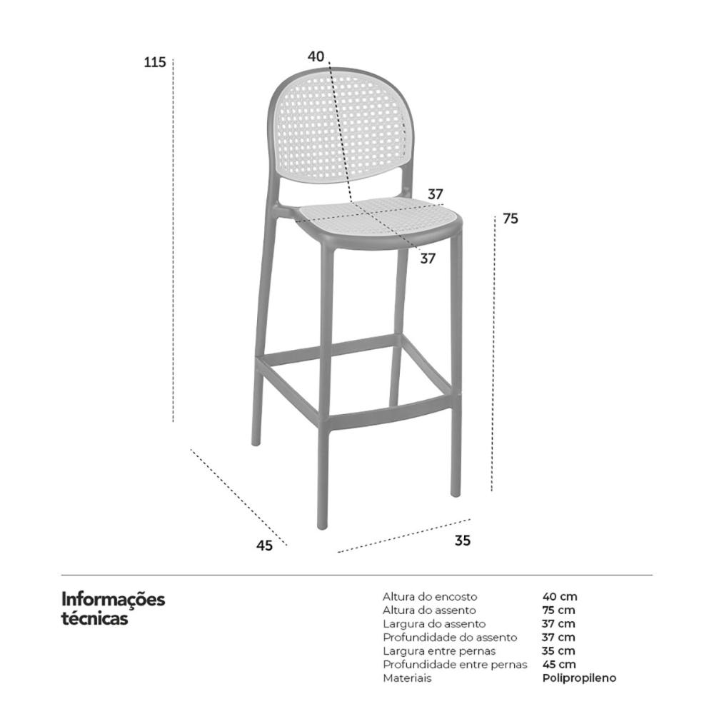 Kit 8 Banquetas Alta Mumbai Preta Telinha com encosto 115 cm