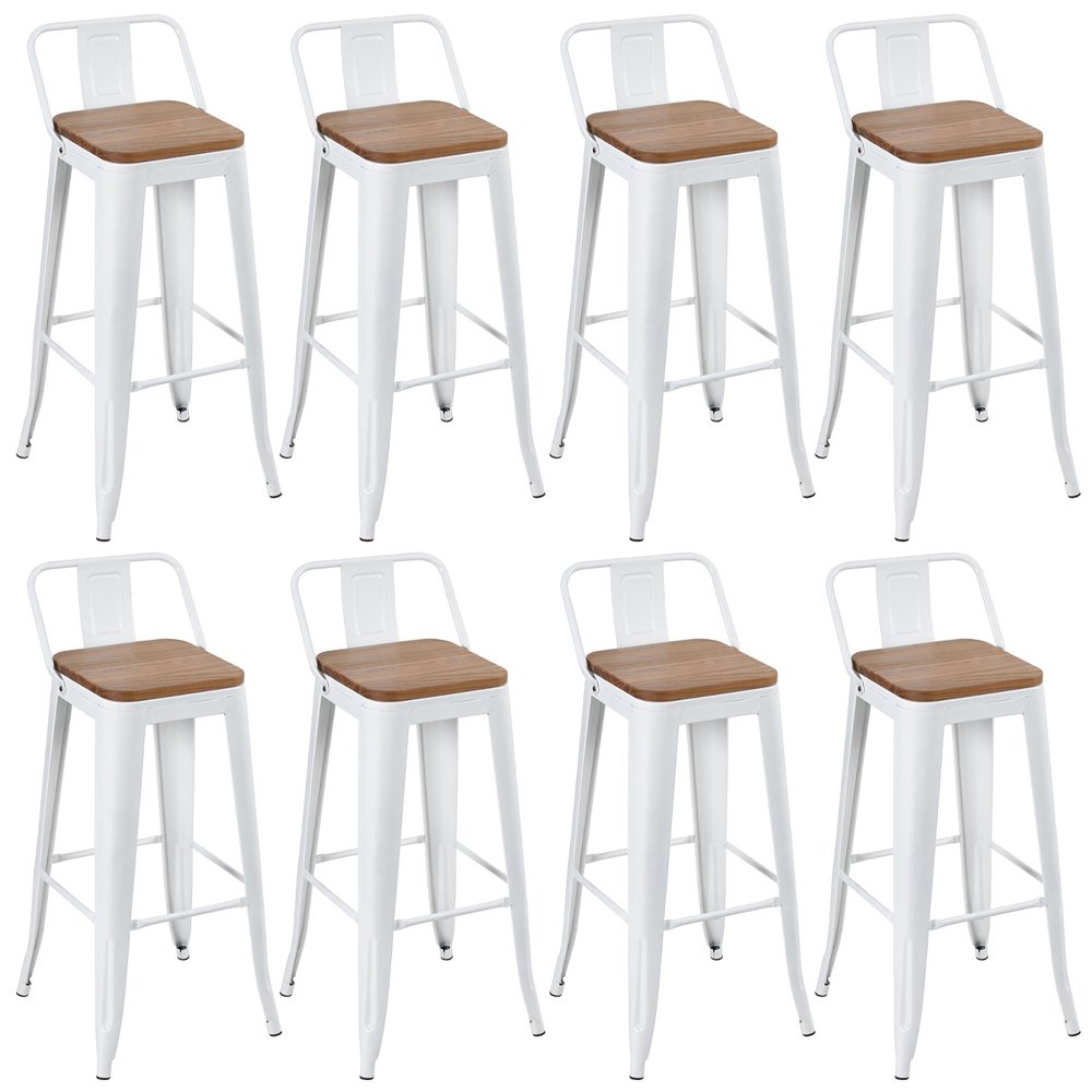 Kit 8 banquetas altas Iron Tolix com encosto e assento madeira 76 cm industrial bancada bar cozinha Branco