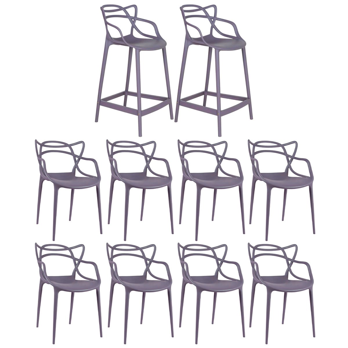 Kit 8 cadeiras + 2 banquetas médias Masters Allegra Cinza névoa