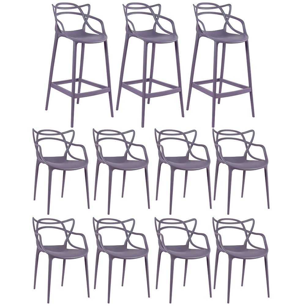 Kit 8 cadeiras + 3 banquetas altas Masters Allegra Cinza névoa