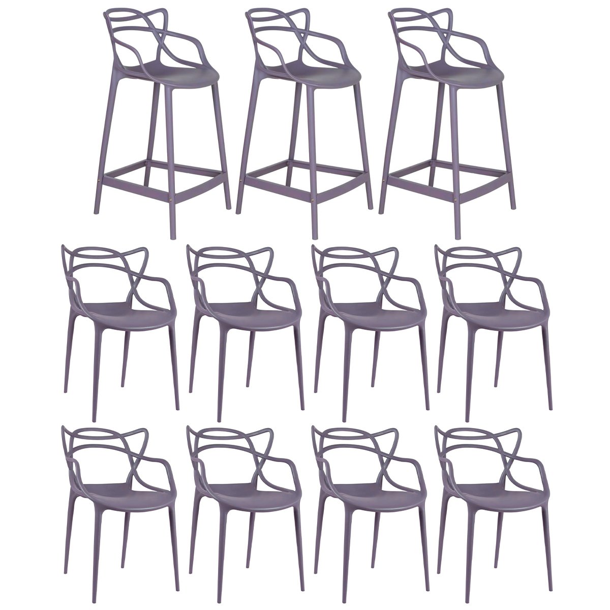 Kit 8 cadeiras + 3 banquetas médias Masters Allegra Cinza névoa