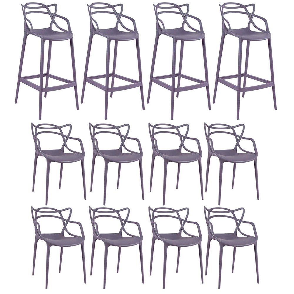 Kit 8 cadeiras + 4 banquetas altas Masters Allegra Cinza névoa